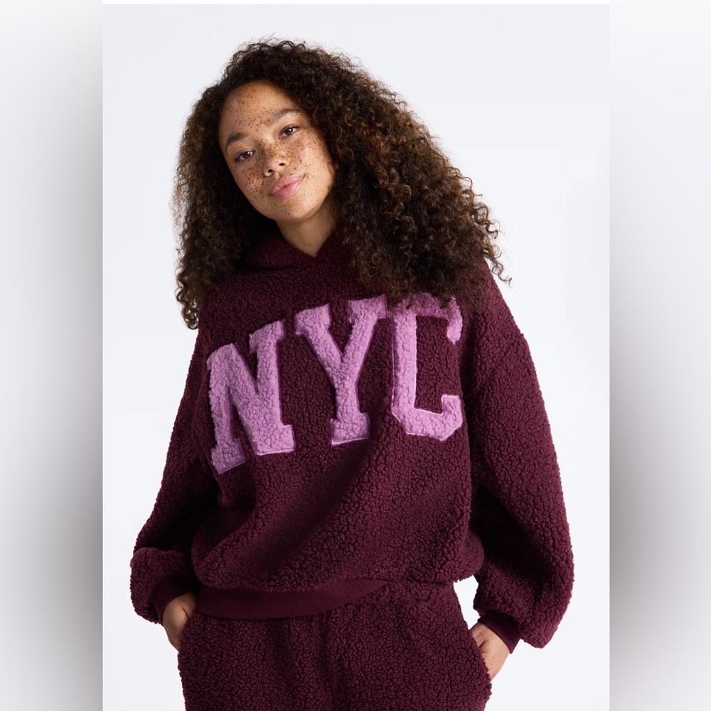 NWT Cozy No boundaries NYC Sherpa Hoodie in Deep Burgundy with Pink Logo|XXL